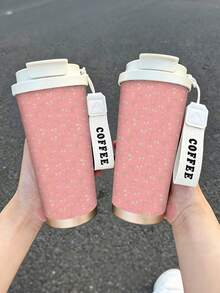 1pc/5pcs 500ml Pink Strawberry Floral Travel Mug, Double-Wall Stainless Steel Insulated Cup, Sweet Seamless Small Strawberry Print Design, Portable Coffee Cup With COFFEE Printed Lanyard, Suitable For Daily Commute - Pink-strawberry - View 6