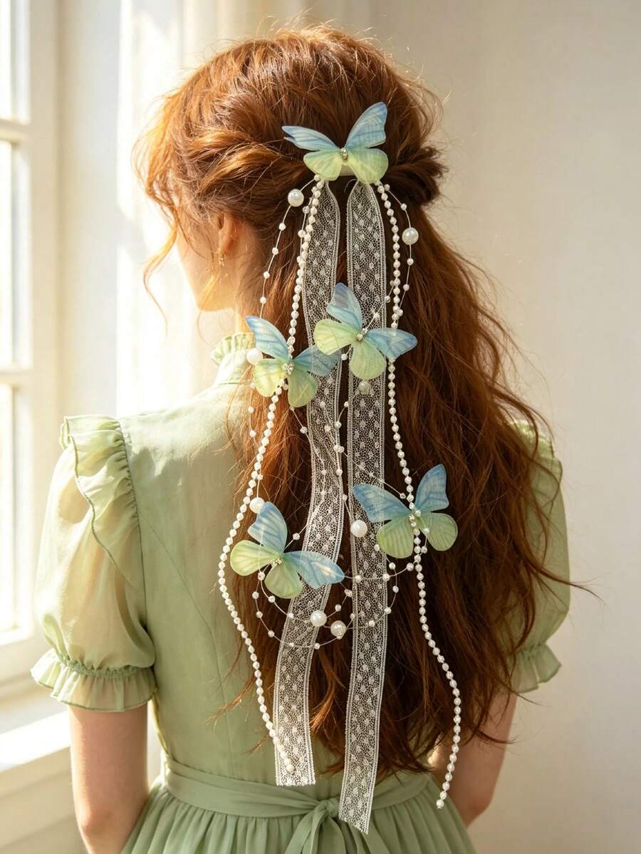 1pc Fairy Purple Butterfly Pearl Long Tassel Hair Tie, Heavy Beaded Chain Hair Rope, Girl Atmosphere Hair Elastic Band, Wedding Party Hair Accessory - Multicolor - View 1