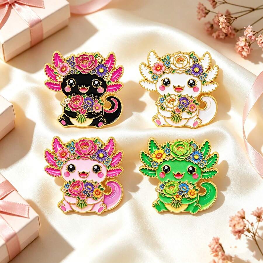 Floral Axolotl Enamel Pin, Cartoon Flower Salamander Lapel Pin, Decorative Brooch For Backpack Clothes Hat, Cute Accessory Gift For Women Girls