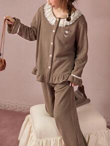 Gongdie 2pcs/Set Miffy Women's Fleece Pajama Set, Winter Brown Soft Warm Loungewear With White Lace And Ruffle Hem - Brown - View 4
