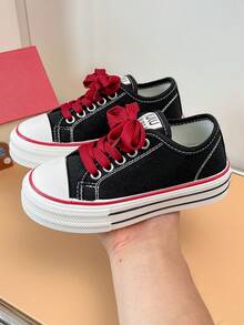 Girls Low-Top Canvas Shoes, Thick Sole Durable Skate Shoes, Versatile Breathable Student Casual Sneakers - Black - View 4