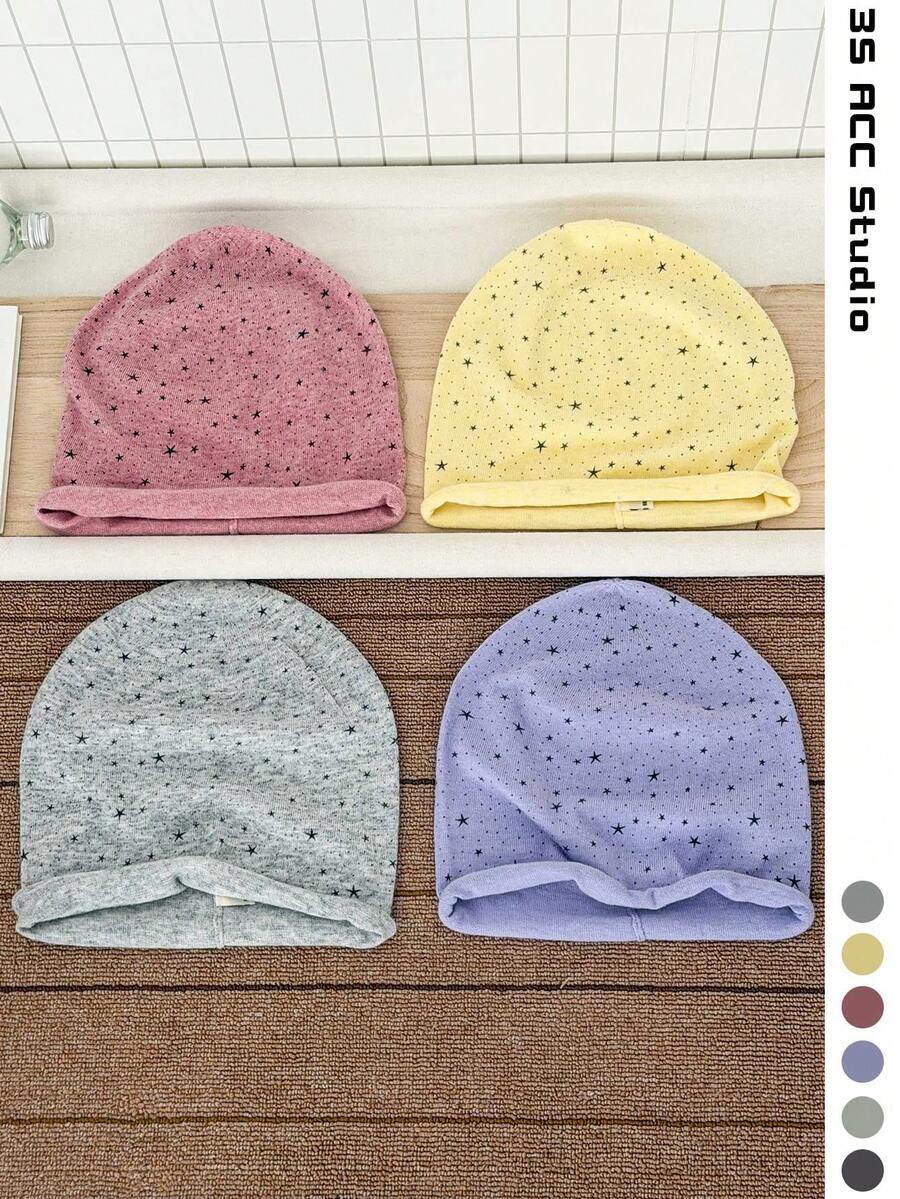 High-End Oversized Face-Slimming Slouchy Beanie For Women, Autumn/Winter Warm Ear-Protecting Large Head Circumference Knitted Knitted Hat, Dopamine Star Pattern Rolled Edge Knit Slouchy Beanie, Spring/Autumn Face-Slimming Head-Wrapping Cold Weather Hat - Multicolor - View 1
