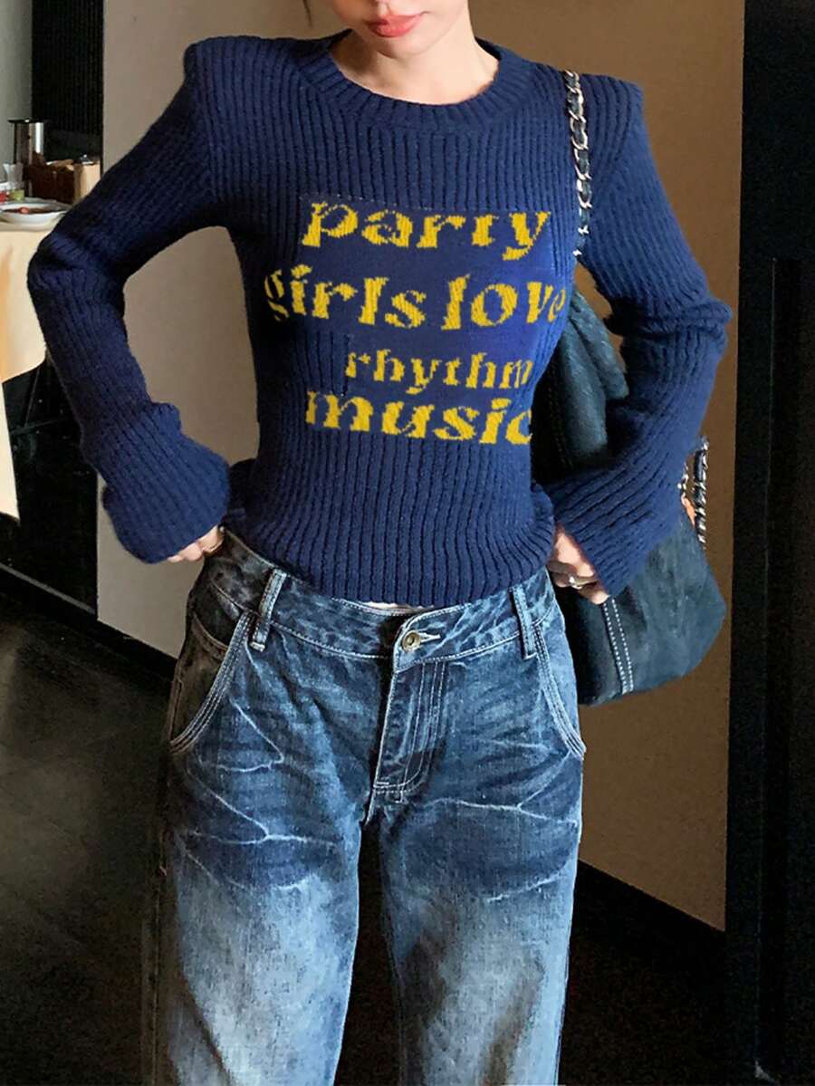 Alicedudu Women's Autumn/Winter Colorblock Letter Vintage Casual Slimming Round Neck Pullover Sweater - Navy Blue - View 1