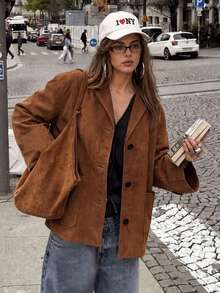 Women's Casual Suede Button-Down Coat, Work For Women, Back To School, Going Out , Brown Top, Fall Winter 2026 - Coffee Brown - View 1