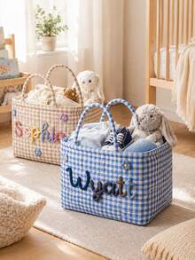Personalized Quilted Baby Storage Basket, Customized Baby Baptism Gift, Neutral Nursery Toy Storage Bin - Multicolor - View 4