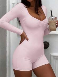 NOIRLYN Women's Fall Winter Sexy Sweetheart Neck Ruched Front Long Sleeve Jumpsuit, Fitted Butt‑Lifting Y2K Gym Romper With Built‑In Bra - Pink - View 3