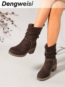 DENGWEISI Brown Rivet Punk Women's Boots, Chunky Mid-Heel Square Toe, Comfortable Versatile Office Commute Daily Vacation Holiday Street Spring Autumn Fashion Mid-Calf Boots - Coffee Brown - View 3