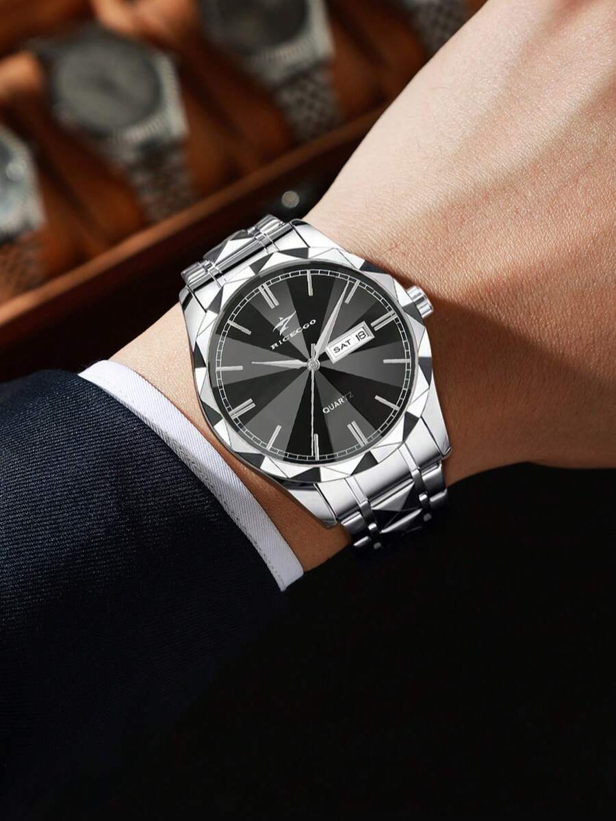 RICECGO 1pc Men's Fashion Quartz Watch, Round Dial With Rhombus Stainless Steel Band, Dual Calendar Business Watch, Stylish & Minimalist, Suitable For Business Occasions And Daily Wear - Silver - View 1