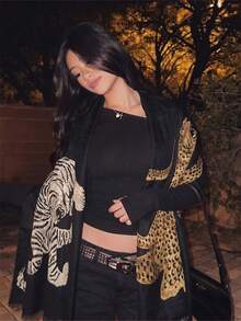1pc Street Style Leopard Print Striped Plaid Fleece Warm Brown Scarf Shawl, Coffee Color Shawl - Black - View 2