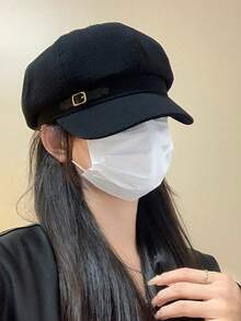 Waffle Octagonal Newsboy Cap, Black, Metal Buckle Decor, Vintage Casual Style, Autumn/Winter - Multicolor - View 1