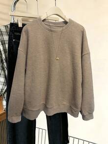 Plus Size Women's Casual Crew Neck Long Sleeve Sweater Top Outfit Set, Spring Autumn Winter - Earth Gray - View 1
