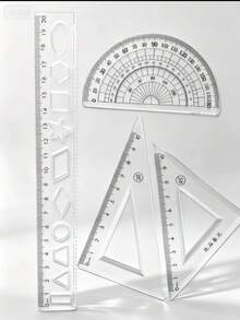 4pcs Geometric Ruler Set, 20cm Straight Ruler, 45°&60° Triangle Ruler, 180° Protractor, Transparent Scale Drawing & Measuring Tools, Portable Student Math Stationery - A - View 1