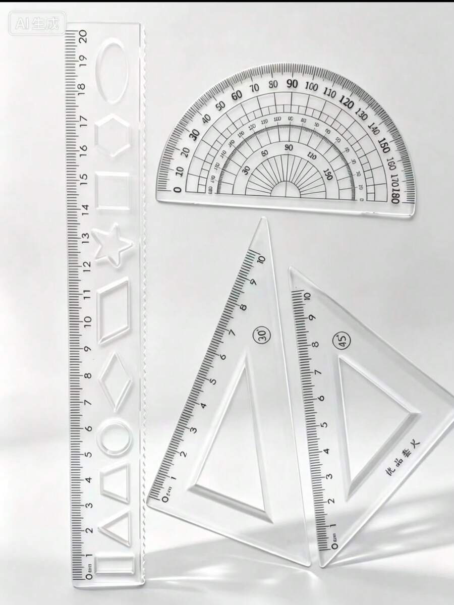 4pcs Geometric Ruler Set, 20cm Straight Ruler, 45°&60° Triangle Ruler, 180° Protractor, Transparent Scale Drawing & Measuring Tools, Portable Student Math Stationery - A - View 1