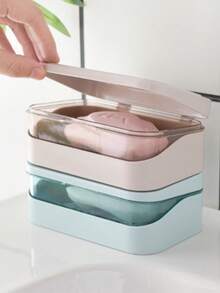 1pc Color-Matched Patchwork Double-Layer Flip-Top Soap Box, Minimalist Travel Soap Box With Lid, Creative Soap Tray With Drainage System Transparent Storage Box, Suitable For Bathroom And Travel, No Drilling Required (Box Included) - A - View 3