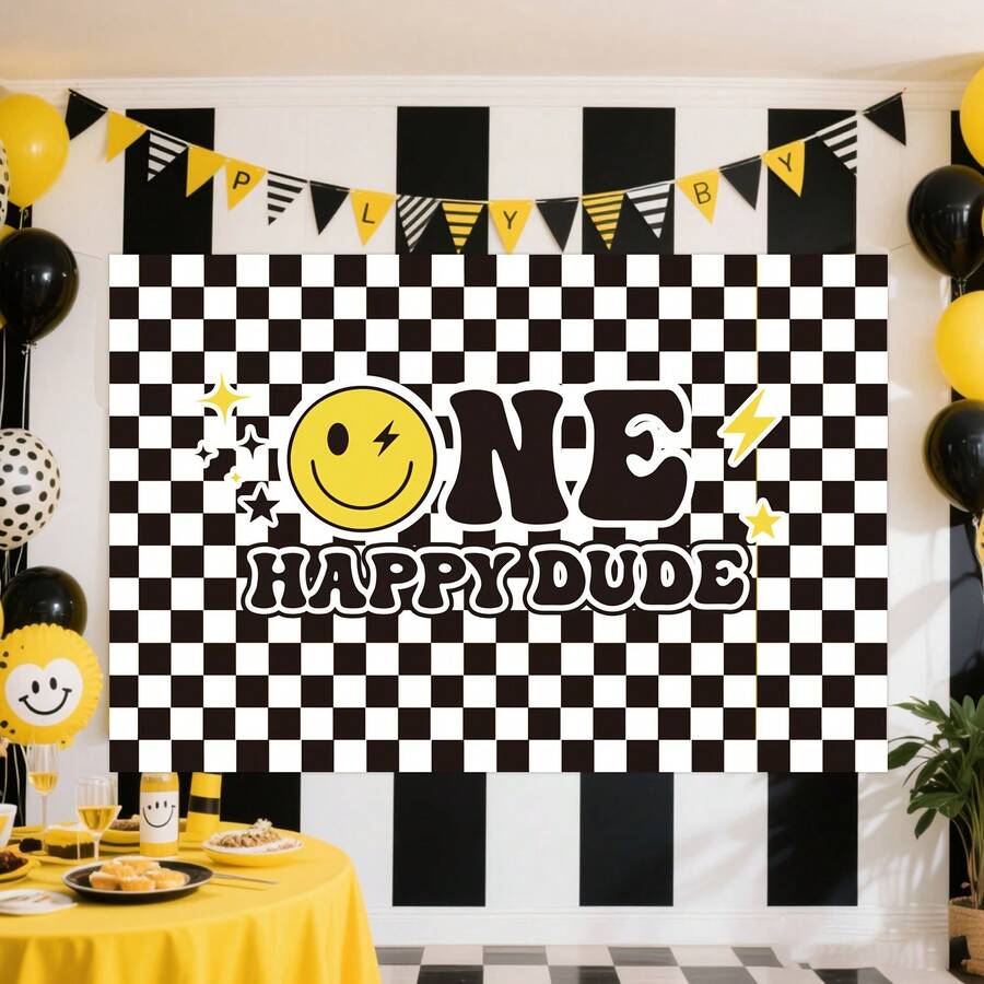 1-Piece Smiling Face Birthday Banner, Simple Black And White Design, Suitable For Birthday Decorations, Photo Props, And Home Decor.Birthday Decoration,Party Supplies - A - View 1
