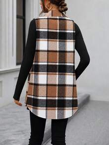 Plus Size Women's Plaid Sleeveless Vest, Thigh Length, Front Button Closure, Autumn Layering Outerwear - Khaki - View 4