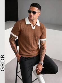 GRDR 男士針織短袖上衣，對比飾邊與設計細節，時尚休閒 T-shirt - 棕色 - 查看 3