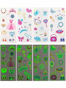 4pcs Glow-In-The-Dark Cute Princess Jewelry Temporary Tattoo Stickers, Crown Magic Wand Diamond Fairy Tale Realistic Stickers, Princess Theme Birthday Party Waterproof Glowing Body Stickers - Multicolor - View 9