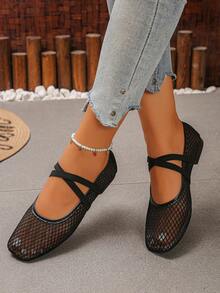 XfxfA Women's Cross Mesh Flat Shoes, Breathable & Comfortable, Suitable For Daily Casual/Shopping/Commuting Wear - Black - View 6