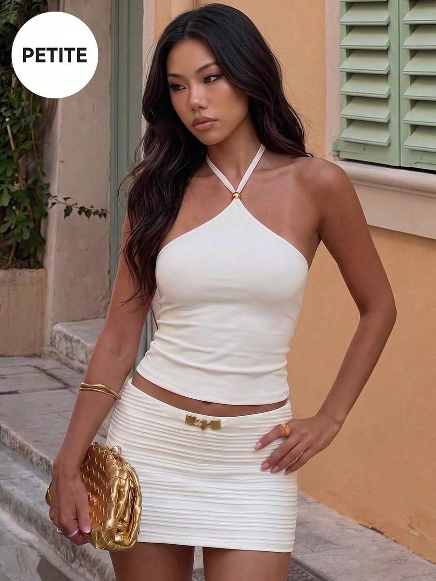 Petite Women's Spaghetti Strap Tank Top, Gold Bead Decor Sleeveless Fitted Cropped Vest, Y2K Nightclub Going Out Sexy Top White Summer - White - View 1