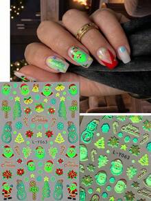 3 Sheets Glow In The Dark Christmas Nail Stickers - Luminous Cute Polar Bear & Rainbow Snowflake Design Nail Art Decals For Women Holiday DIY Manicure Gift - Colorful - View 5