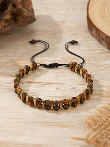1pc Men's Tiger Eye & Black Onyx Beaded Woven Bracelet, Adjustable, Suitable For Daily Wear, Outings, Matching Accessories, Gift - Multicolor - View 6