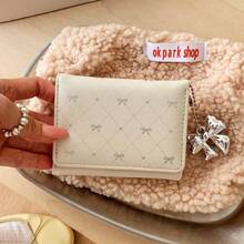 Kawaii Bow Charm Trifold Wallet, Diamond Grid Print Small Card Purse - Multicolor - View 3