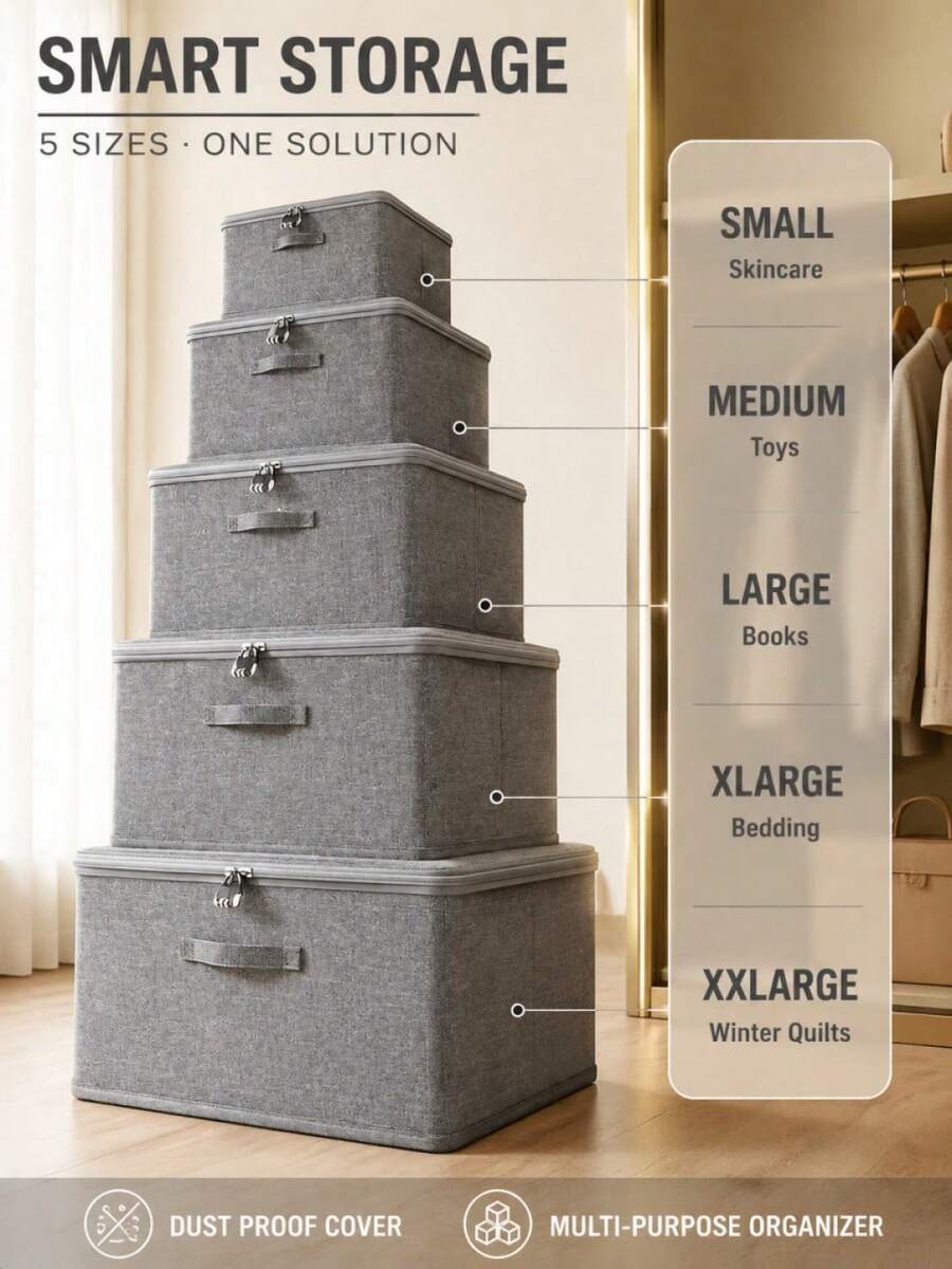 Fabric Storage Box, Foldable With Lid, Suitable For Clothes, Toys And Home Storage, Linen Material, Bedroom Storage Organizer Box - Grey - View 1