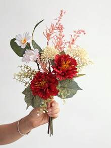 1 Bunch 43cm Artificial Flowers, Including Artificial Peony Ball Chrysanthemum And Eucalyptus Leaves, Realistic Touch, Suitable For Vase, Home, Hotel Room, Wedding Decoration And Table Centerpiece - Red - View 5