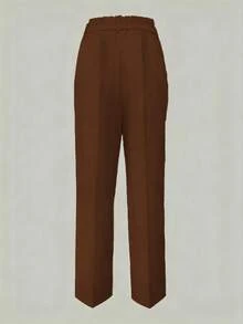 Women's Straight Solid Color Button Zipper Pocket Pants - Brown-1 - View 3