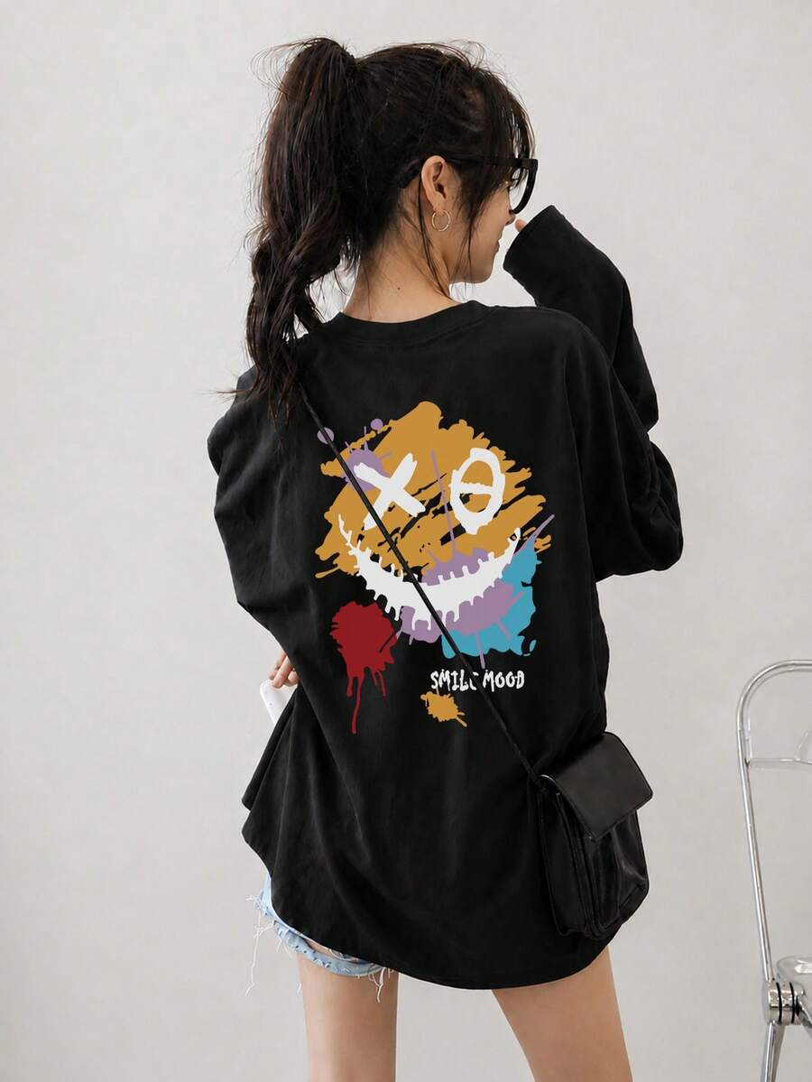 Women's Loose Fit Casual Cartoon Print Long Sleeve T-Shirt, Spring/Autumn Black - Black - View 1
