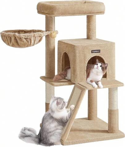 Petit arbre à chat avec perchoir élargi pour grands chats d'intérieur, chatons, condo multi-niveaux de 96 cm, poteaux à gratter et rampe, grotte à 2 portes, panier