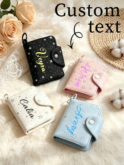 Customized Name Star Print Mini Wallet, Snap Button Card Holder With Keychain, Multi-Slot Small Pouch, Suitable As Birthday And Anniversary Gift For Girls, Women And Best Friends