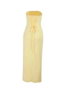 Autumn Solid Color Ruched Bandeau Slit Evening Gown Women's Elegant Dress Party Long Dress Date Wedding - Yellow - View 7