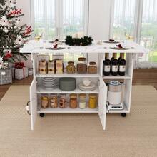 110x70x80 Cm Rectangular Folding Mobile Dining Table / Multifunctional Kitchen Island In Modern Style / With 5 Shelves And 5 Swivel Casters (4 Lockable) / Space-Saving / For Kitchen, Apartment, Office, Student Residence - White - View 2