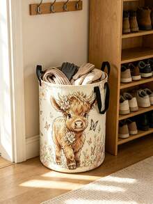 Cute Highland Cow Floral Print Laundry Hamper, Collapsible Large‑Capacity Storage Basket With Handles, Clothing Storage, Unisex, Essential For Daily Home And Dorm Use - Multicolor - View 6