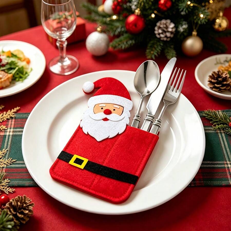 Set 4 Buah, Alas Meja Natal Lucu, Tempat Penyimpanan Peralatan Makan, Desain Santa Claus, Rusa Kutub, Salju dan Manusia Kue Jahe, Tempat Peralatan Makan Natal, Alas Meja, Kantong Sendok Garpu, Dekorasi Meja Pesta, Menambah Warna pada Meja Pesta Liburan Anda - MultiWarna - View 1