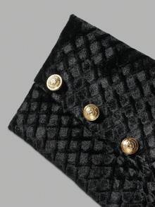DONICY Women's Black Textured Woven Lapel Two Gold Button Fitted Blazer, Long Sleeve Slim Elegant Office Suit Jacket For Daily Wear, Fall Winter - Black - View 3