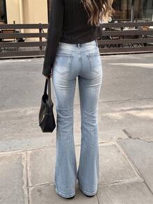 Quần jeans ống loe cạp trung có túi, phong cách tối giản, thoải mái và đa năng. - Rửa nhẹ - Xem 5