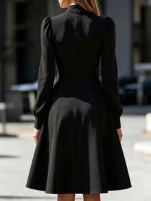 Ladies' Autumn Elegant Solid Color Bubble Sleeve Dress - Black - View 2