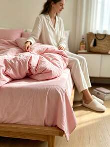 3pcs 100% Cotton Japanese Minimalist Polka Dot Print Pure Cotton Bedding Set 2 Pillowcases + 1 Duvet Cover Combination - 100% Cotton Solid Light Pink - View 5