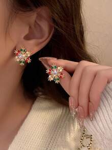 JOJELOO 1 Pair European & American Christmas Series Fashion Creative Rhinestone Colorful Christmas Snowflake Stud Earrings For Women - Earrings - View 7
