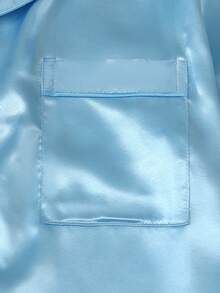 2件組緞面短袖蕾絲領上衣與蝴蝶結短褲女款睡衣家居服套裝 - 淺藍色 - 查看 5
