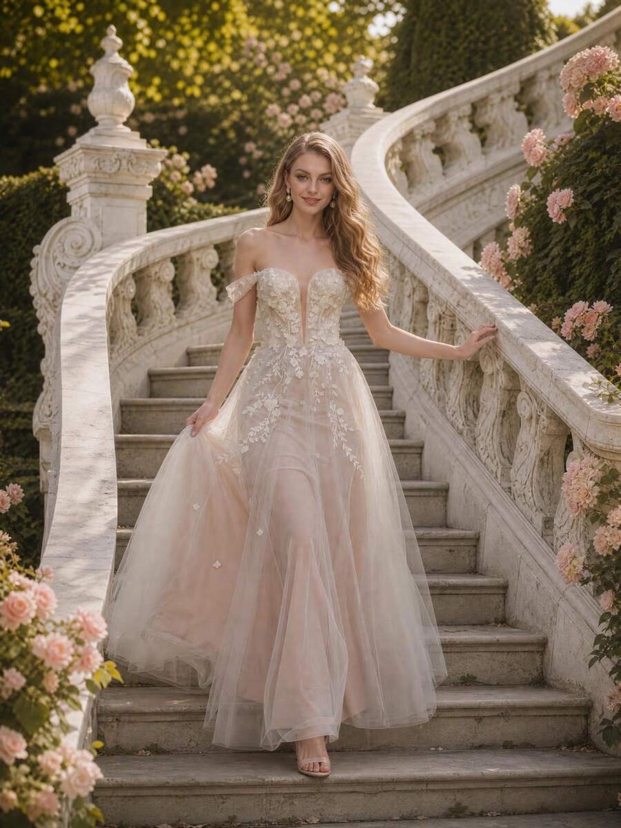 YOUKEFEIER Elegant Cold Shoulder Deep V-Neck Lace Embroidered Sexy Long Wedding Dress, Suitable For Outdoor And Indoor Weddings And Banquets - Beige - View 1