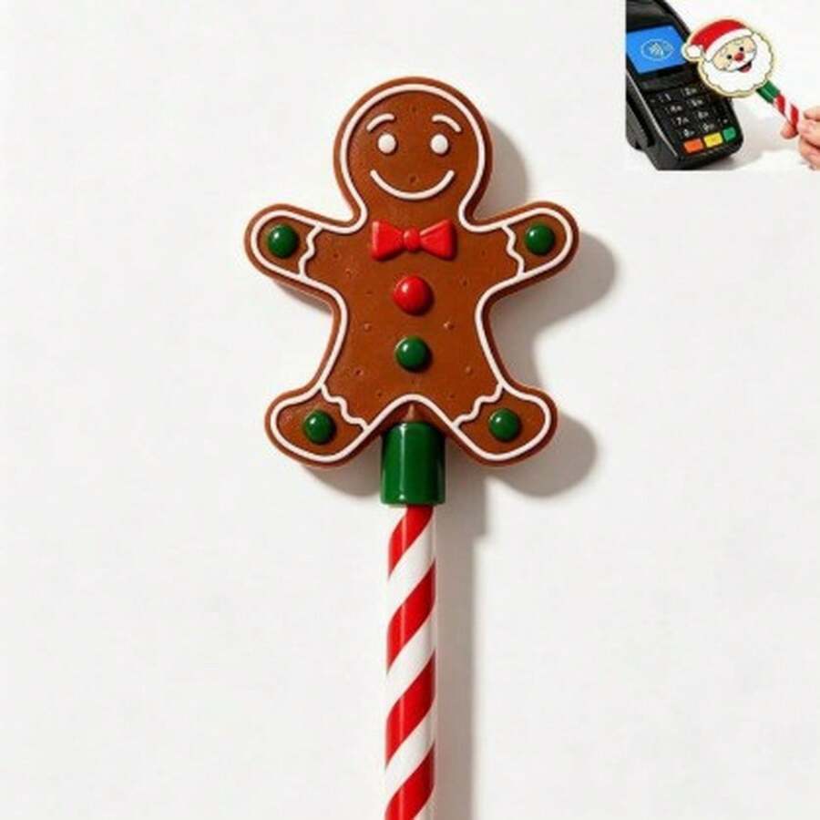 Christmas Novelty Character Pens, 5‑Design Festive Writing Pen Set With Gingerbread Man, Snowman, Reindeer, Snowflake & Xmas Tree Toppers, Holiday Stationery For Party Favors & Stocking Fillers - Christmas Credit Card Magic Wand Tool - Gingerbread Man - View 1