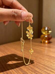 Light Luxury Pig Nose Rhinestone Double Layer Bracelet For Women, Vintage Gold Hollow Oval Full Rhinestone Design Fine Chain, Niche High-End Commute Versatile Jewelry, Minimalist Elegant Layered Accessory, Internet Celebrity Style Fashion Item, Daily Date Outfit, Holiday Gift Exquisite Jewelry - Flower Bracelet - View 6
