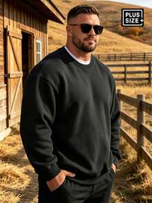 1XL-5XL Plus Size Men's Solid Color Drop Shoulder Long Sleeve Casual Sweatshirt, Autumn/Winter Back To School Season - Black - View 3