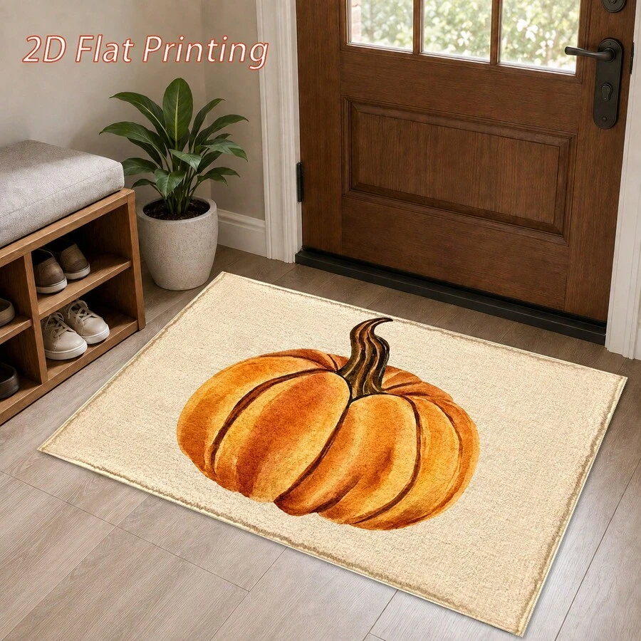 1pc Autumn Pumpkin Print Faux Wool Rug, Large Orange Pumpkin Pattern Carpet, Thanksgiving Harvest Rustic Farmhouse Style Home Decor, Suitable For Entryway, Kitchen, Living Room, Bedroom - Multicolor - View 1