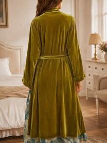Scacto Women's Olive Green Velvet Long Robe Coat, Shawl Collar Belted Kimono Cardigan With Pockets, Elegant Loose Fit Vintage Boho Loungewear Outerwear - Olive Green - View 3