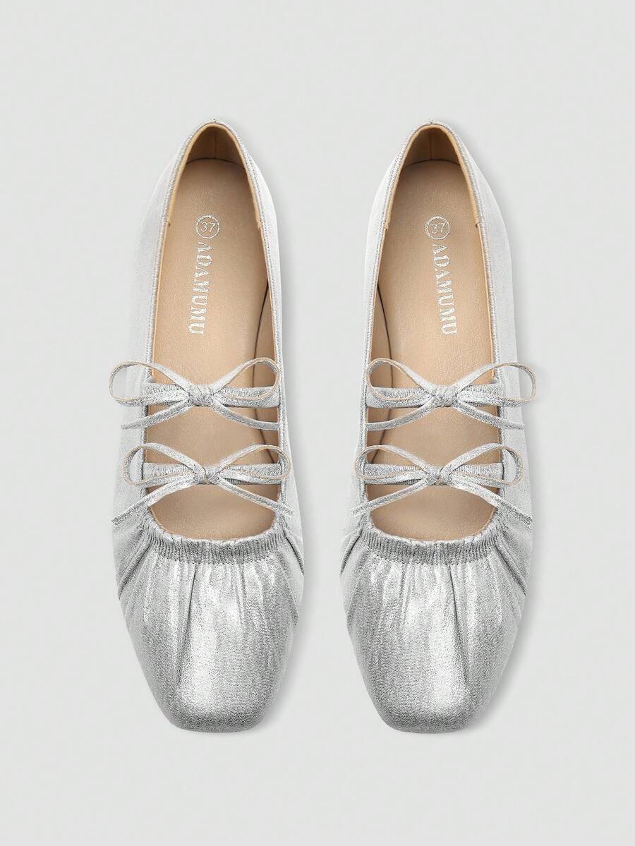 ADAMUMU Shiny Fabric Double Bow Pleated Square Toe Flat Shoes, Ruched Ballet Soft Sole, Sweet & Cool Versatile Comfortable - Silver - View 1